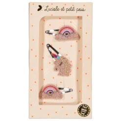 LUCIOLE ET PETIT POIS COFFRET CADEAU "TRIO DE BARRETTES" ARC-EN-CIEL & LICORNE